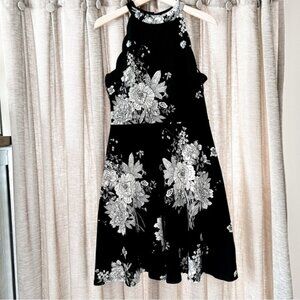 Aqua Black and White Floral Print High Neck Scallop Trim Fit & Flare Dress Large
